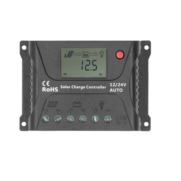PWM Solcelleladningsregulator 12V/24V Automatisk Genkendelse 10A IP30 Vandafvisende Sort til Campingvogne Yachter