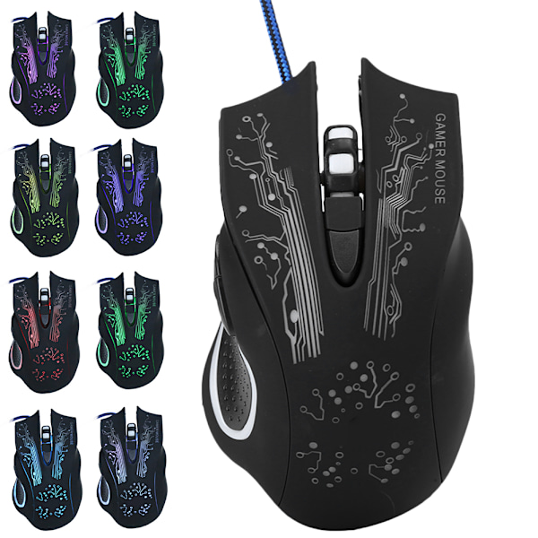 Kablet Mus LED Lysende 6 Tasters USB Hjemmekontor Gaming Universell Datatilbehør X11Svart