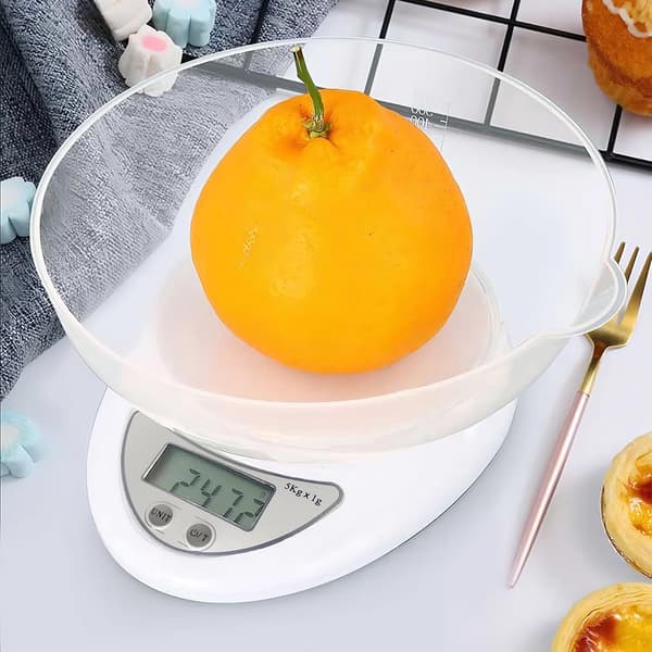 High-Precision Electronic Kitchen Scale, LCD Display, 5 kg Load, 800 ml Bowl Capacity, 5 Units and Tare Function, White