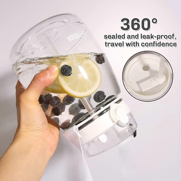 Cute water bottles with straw, 1300ml plastic water bottles with shoulder strap, suitable for adults, white