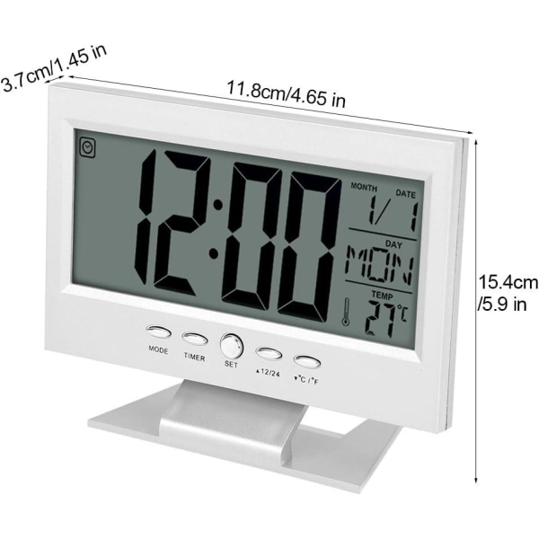 Digital kalenderklocka Multifunktions LCD Digital skrivbordsväckarklocka med nattljus och snoozetid/datum/temperatur (silver)