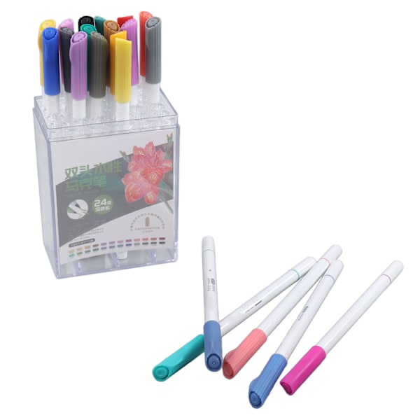 24 stk Dobbel Tip Tusjer Dyp Farge Fiberpenn Glossy Blekk Akvarelltusjer for Skissering Kalligrafi Skriving