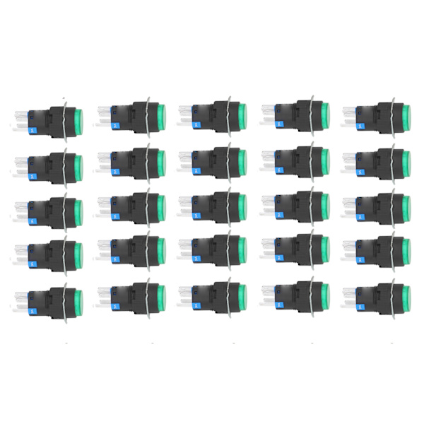 25 st Momentära Knappbrytare med Självlåsning, 5-polig, 16 mm, med Ljus, 24V Set Kit för Utrustning, Grön