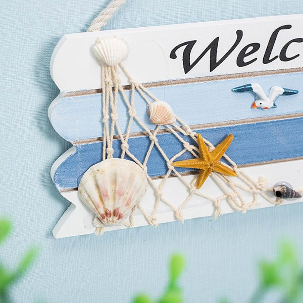 Trä Medelhavet Ocean Nautical Välkommen Skylt med Star Fishes Shell för Hem Bar Butik Dörr Dekor