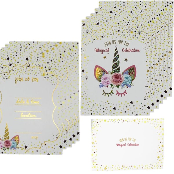 24 stemplede enhjørning fødselsdagsinvitationskort Rainbow Stars konvolutsæt (kort 1)