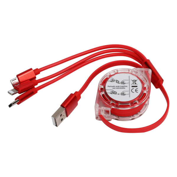 Infällbar 3-i-1 nylon USB laddarkabel för iOS/Typ C/Mikroport (röd)