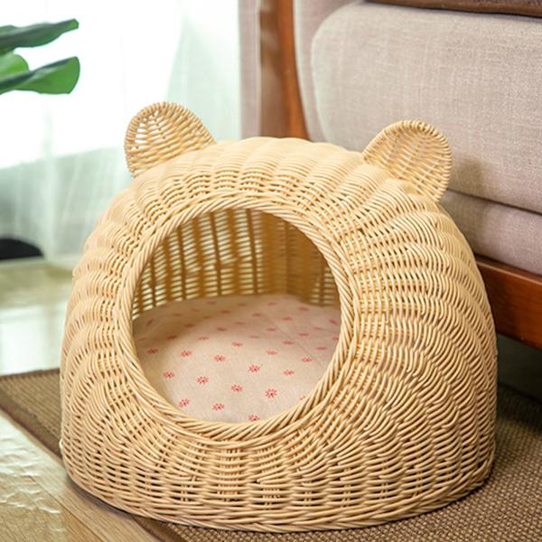 Katteseng Sød Katteøre Imiteret Rattan Håndvævet Åndbar Alle Sæsoner Vaskbar Halvlukket Kattehuse til Indendørs 38x38cm / 15.0x15.0in Beige