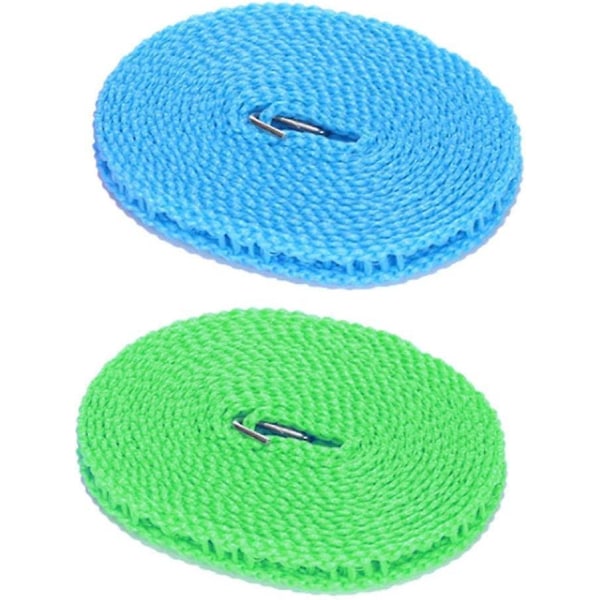2-pak vindtæt nylon tøjsnor til indendørs og udendørs brug - Bærbar rejsesnor til camping - 5 m - blå og grøn