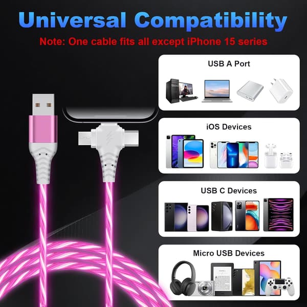 Lysande multiladdningskabel 3 i 1 Glödande snabbladdningskabel 120W Lysande multiladdningskabel med USB till iOS/Type C/Micro USB