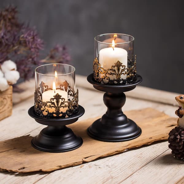 Svart Shabby Chic Søylelysestake Sett for Bord - Gotisk Lysestake Rustikk Glasslykt Midtstykke