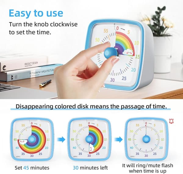 60 Minutters Visuell Timer for Barn, Visuell Nedtellingstimer Klokke Barnetimer, Pomodoro Timer med 'Regnbue' Mønsterdesign