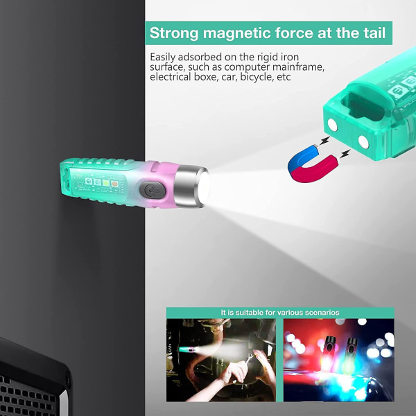 Kraftig USB oppladbar mini-LED-lommelykt med UV/hvitt/rødt blått sidelys, magnetisk EDC for nødcamping