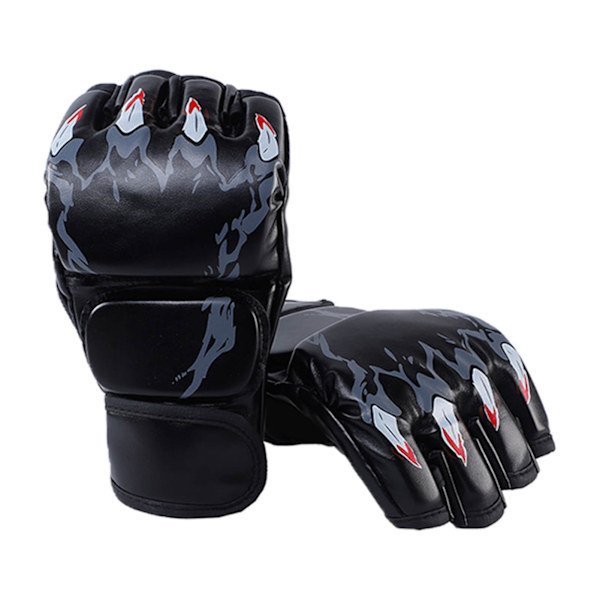 Kampsport Handsker Sort Tigerklo Design Tykkere Læder Latexforing Halvfinger Boksehandsker til Træning