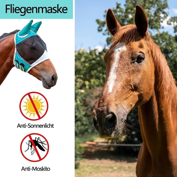 Stor storlek UV-skyddande hästflugmask med öron, andnings- och myggskydd