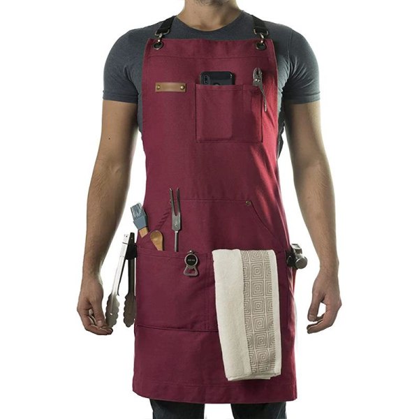 (Rød) Frisørforklæde med værktøjslomme - Lærredsforklæde med hurtig lukning, justerbar bogtaske, til mænd og kvinder