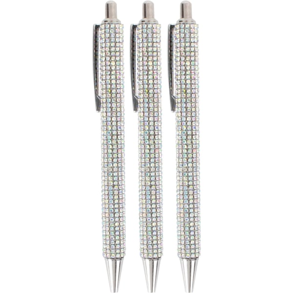 3 funklende krystaldiamantmetalkuglepenne (sølv) med 0,7 mm sort blækpåfyldning, klikpen, kontorartikler til forretningsbryllupsskoler