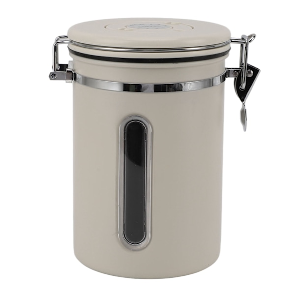 Kaffebehållare 1800ml 304 Rostfritt Stål Fönsterdesign Envägsventil med Sked Lufttät Kaffebehållare för Kaffebönor Beige