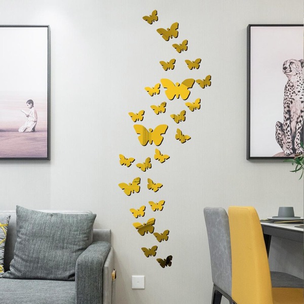 Butterfly akryl spejl klistermærker (guld), selvklæbende akryl spejl til vægge, stue og moderne boligindretning