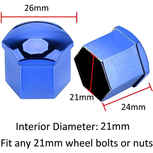 20 stk 21 mm bilhjulmutterkapsler (blå) sekskantedekkhjulboltmutterkapsler Dekkskrukorker med støvbeskytter verktøysett for fjerning