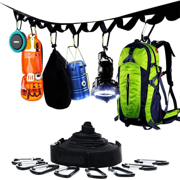 Camping Lanyard Udendørs Camping Tøjline Lejrplads Opbevaring Rem Telt Lanyard med D Spænde Sort