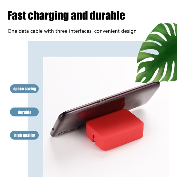 3 i 1 ladekabelrulle mobiltelefonholder uttrekkbar hurtig USB-kabel ladekabel kompatibel for mobiltelefoner nettbrett