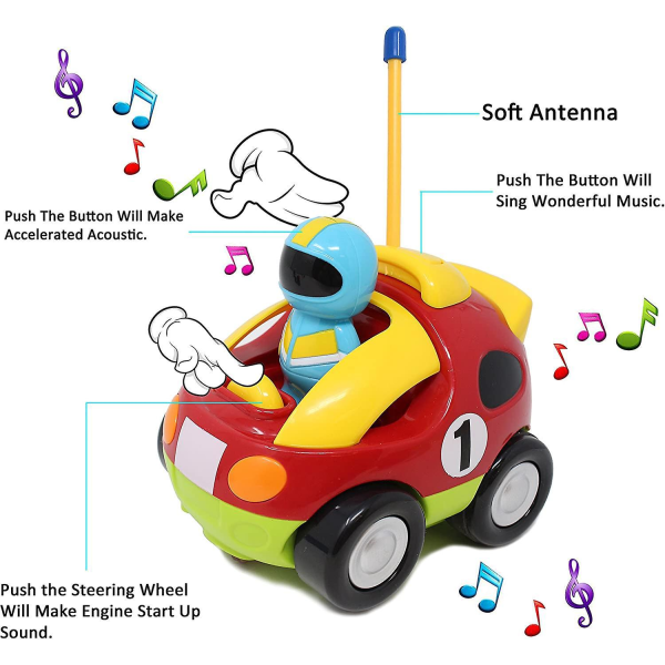 RC Cartoon fjernkontrollbil med musikk og lys - ideell gave til 2-åringer