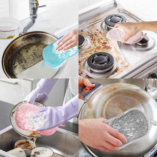 5 tilgjengelige gjenbrukbare mikrofiberoppvaskskraper Miljøvennlige antibakterielle puter Luktfri børste for husholdningsovner Gryter med selvklebende krok