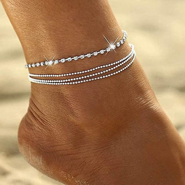 Boho Layered Crystal Anklet Silver Rhinestone Foot smykker til kvinder og piger