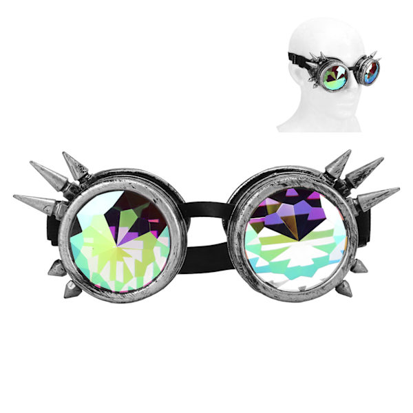 Halloween Kaleidoskop Rave Briller Regnbue Krystall Linser Justerbare Trippy Psykedelisk Steampunk Briller Antik Sølv