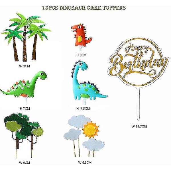 Dinosaur kagepynt sæt - 13 stykker, perfekt til børns fødselsdag, babyshower, festdekorationer