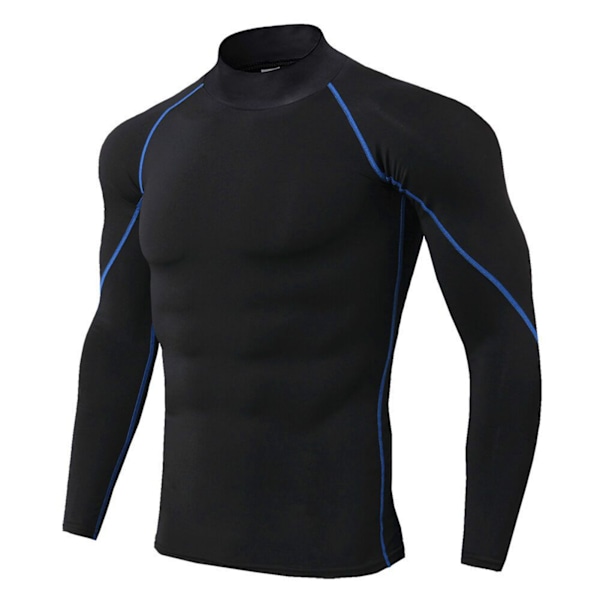 Hög Elastisk Kompressions T-shirt med Långa Ärmar för Män Sport Topp för Atletisk Träningströja Svart och Blå Linjer L