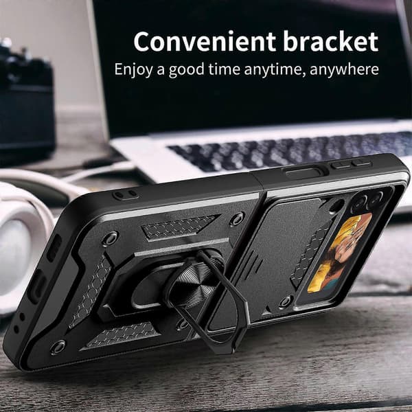 Heavy Duty Armor Case Compatible with Galaxy Z Flip 4, Shockproof Hard PC Shell with Ring Holder