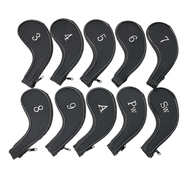 10- set svart huvudskydd för golfklubbor med lång hals, nummertryck och golfklubbsborste