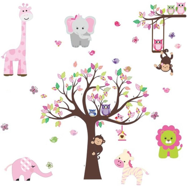 Pink Jungle-tema børneværelse vægklistermærke til børn, farverigt dekorativt klistermærke til babyværelse, legeværelse