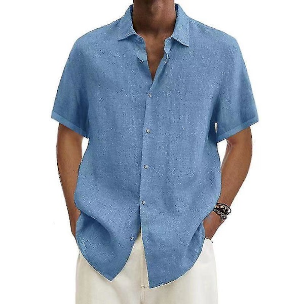 Summer Men's Cotton Linen Blouse - Loose Fit, Short Sleeve, Turn Down Collar - Oversized S-5XL XL light blue