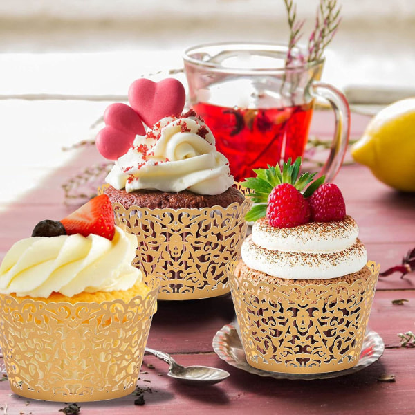 100 gullblonde cupcake-innpakninger og toppers for bryllup, bursdager, babyshower - Dekorative innpakninger for cupcakes, muffins og kaker