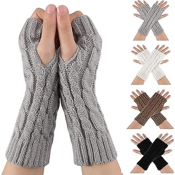 Vinterfingerlösa vantar - ljusgrå, stretchiga stickade handskar för kvinnor, 4 par