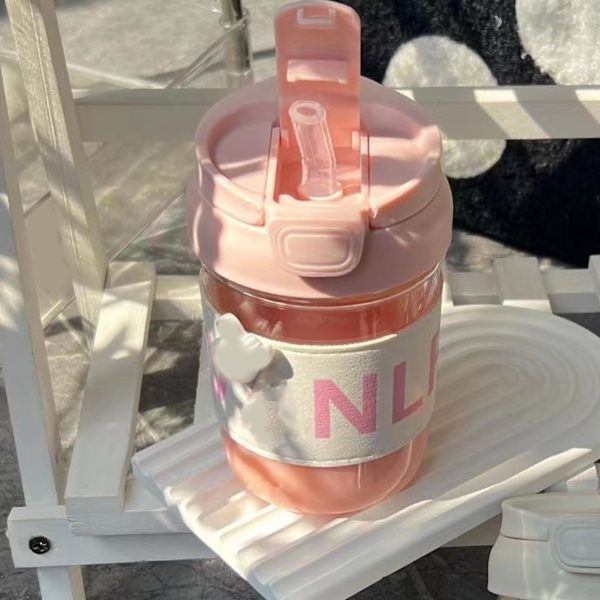 420 ml plastvattenmugg med lock, halmmugglock, hundmönster, bärbar vattenmugg för gym, vandring, promenader, utomhussporter, rosa