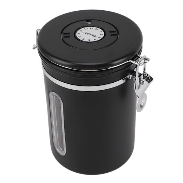Kaffeboks 1800ml 304 Rustfritt Stål Vindusdesign Enveis Ventil med Skje Lufttett Kaffebeholder for Kaffebønner Matt Svart