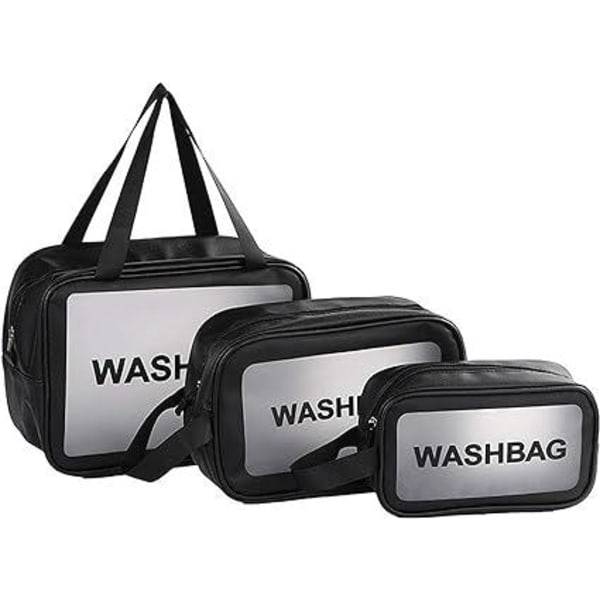 3 dele gennemsigtig toilettaske (sort), makeuptaske, gennemsigtig rejsetoilettaske, bærbar opbevaringstaske