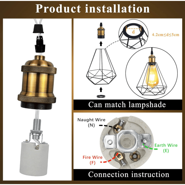4 stykkers vintage fatning i messing（Ingen pærer）-Vintage E27 lampeholder, Edison retro pendel, Solid keramisk adapter
