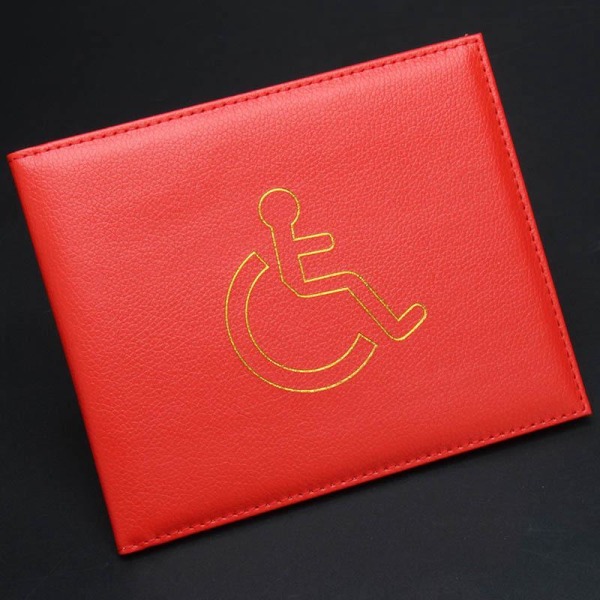 Röd funktionshindrade märkeshållare och timer, Pu-läder ID-brickahållare, märkeshållarskydd, handikappskyddat märkeshållare med hologram
