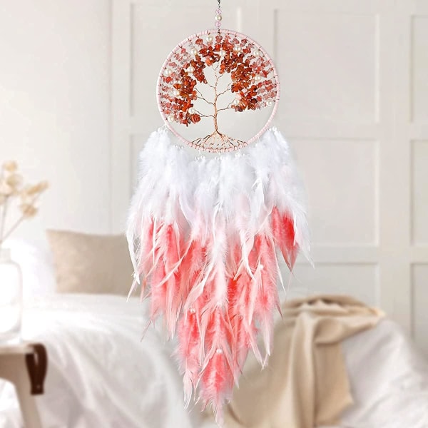 Käsintehty Bohemian Crystal Tree of Life Dreamcatcher Feather Dreamcatcher -sisustus makuuhuoneeseen, häihin (vaaleanpunainen)