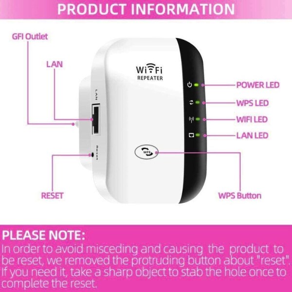 300M Wireless Access Point (AP) Signal Booster for Europlug-WiFi Repeater Støtter WiFi-N, 2,4 GHz Standard