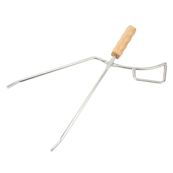 Bålpinsett i rustfritt stål, kraftig, lang, bred og tykk, med bøkehåndtak, for grill og peis