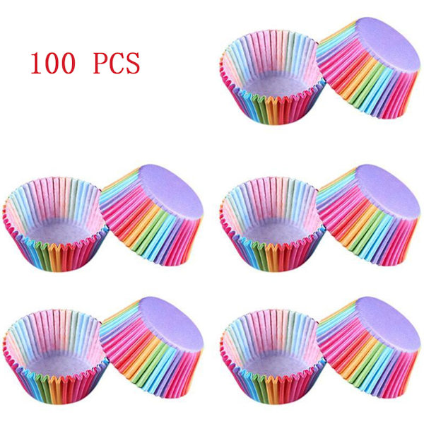 100 stk. Regnbuefarvede Cupcake Liner Cupcake Papir Bagekop Muffin Cases Kageforme Dekorationsværktøjer til Kager