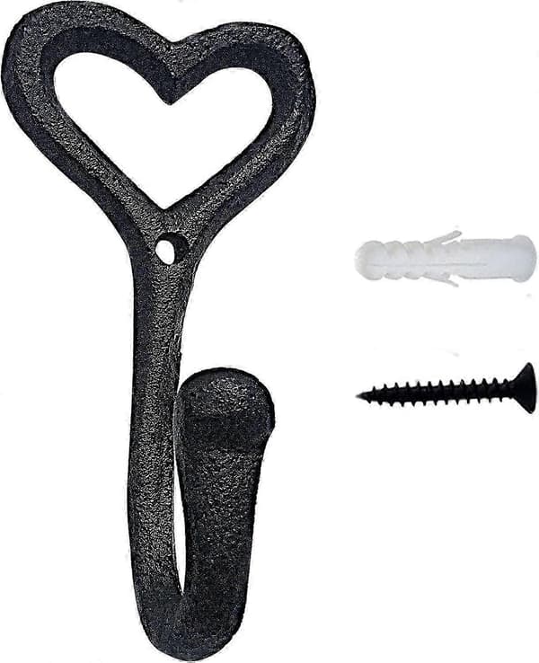 Heavy Duty Coat Hooks, 4 Pcs Cast Iron Heart Shaped Wall Hooks for Hanging Jackets, Black Rustproof H