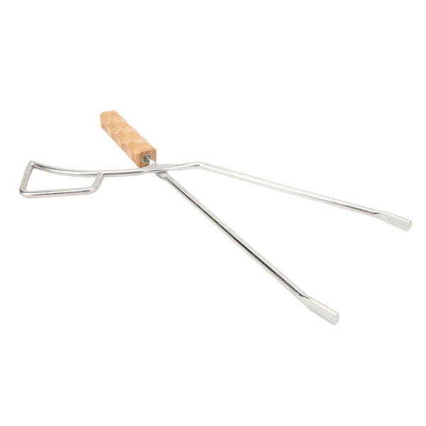 Bålpinsett i rustfritt stål, kraftig, lang, bred og tykk, med bøkehåndtak, for grill og peis