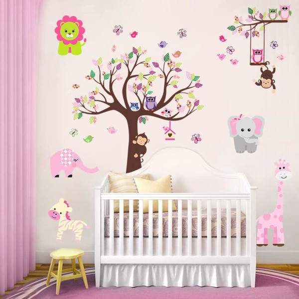 Vaaleanpunainen viidakkoaiheinen lastenhuoneen seinätarra lapsille, värikäs koristetarra baby , leikkihuone