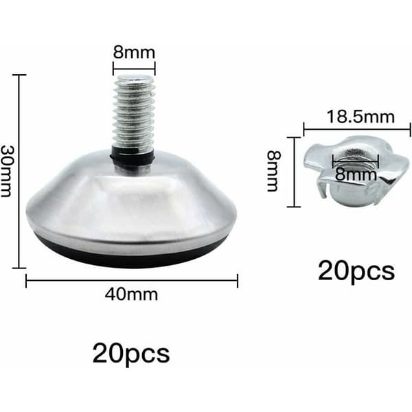 20 møbelben M8 x 30 mm Nivelleringsfot Møbelføtter Justerbar Beskyttelse med M8 Klomutter